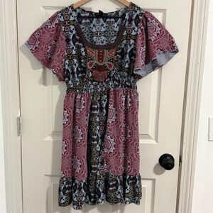 Bohemian Mini Dress Womens Small Paisley Beaded Flutter Sleeve Festival Folk